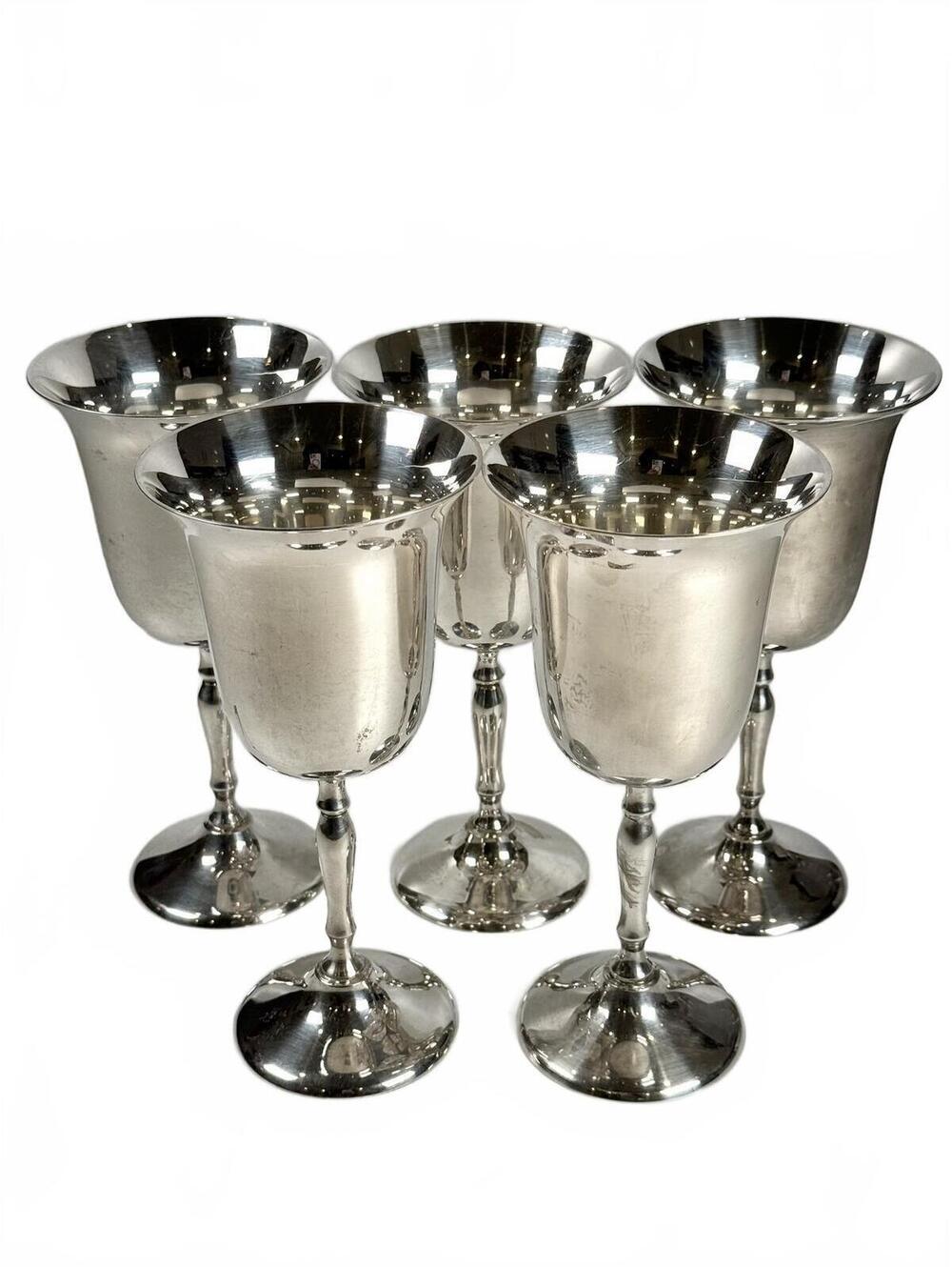 Set of 5 Silver Plated Wine Goblets Chalices Bell Cup Baluster Stem Mid Century